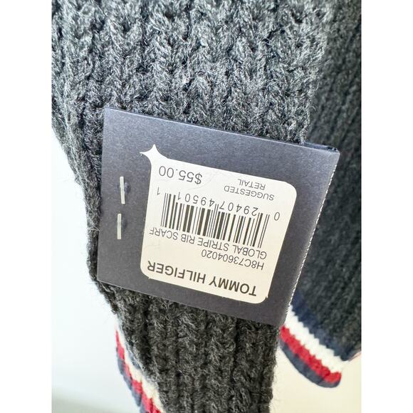 Tommy Hilfiger Mens Scarf Flag Edge Charcoal Gray Blue Red White 100% Acrylic - Picture 6 of 9